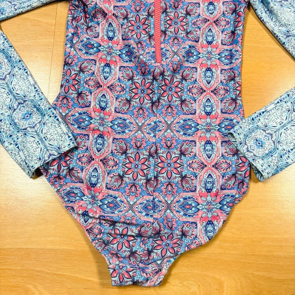 Seafolly Blue Pink & Purple Boho Tile Long Sleeve Rashguard 1 Piece Size 14